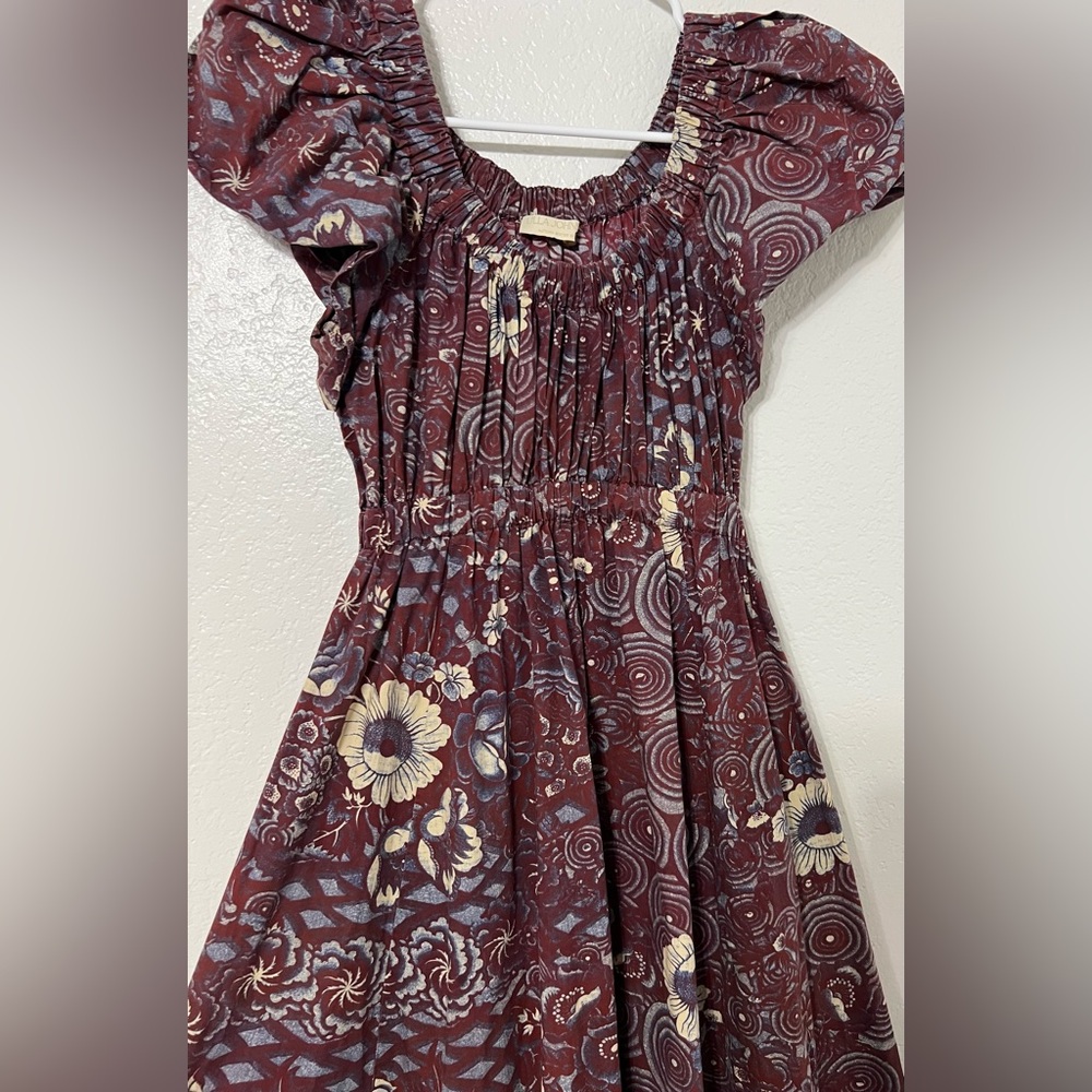 Ulla Johnson Floral Cotton Peasant Midi Dress Burgundy Size 0 Boho Prairie - Picture 3 of 7